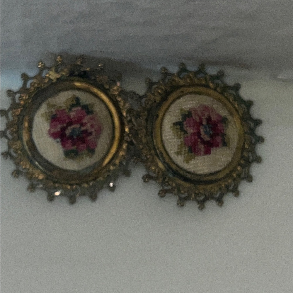 Antique Michal Negrin Round Clip On Rose Tapestry Clip On Earrings